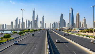 Dubai tollway and cityscape Dubai tollway and cityscape