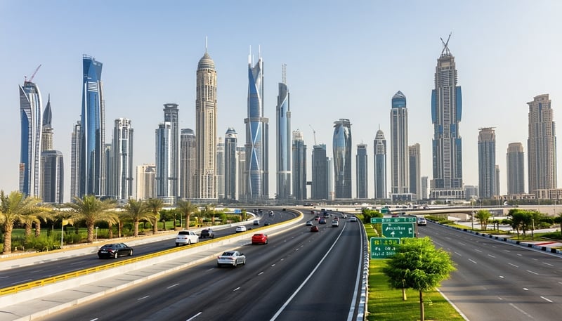 Dubai city skyline with major toll roads Dubai city skyline with major toll roads