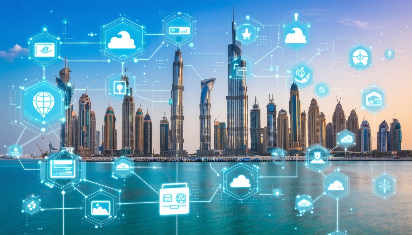 Dubai skyline with connected travel apps